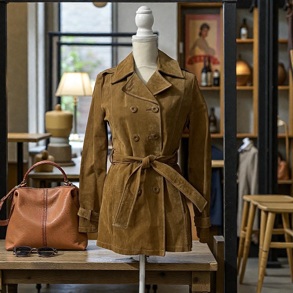 Wilsons Leather Brown Suede Belted Double Breasted Trench Coat Paisley Lined‎ S - Picture 2 of 11